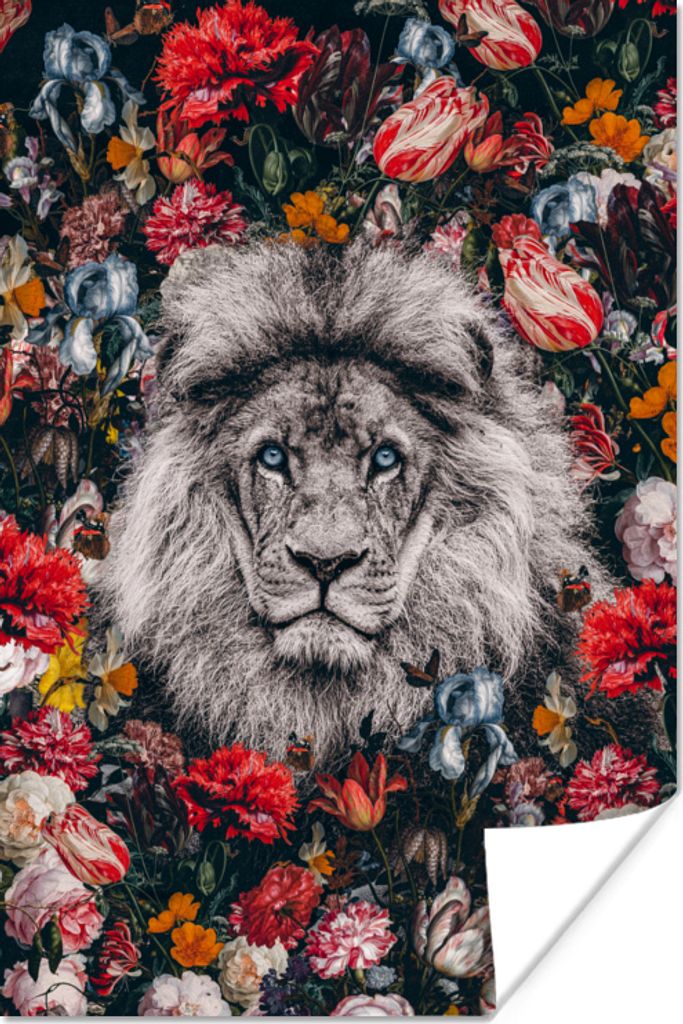 MuchoWow Poster Löwe - Profil - Blumen 120x180 cm - Kunstposter