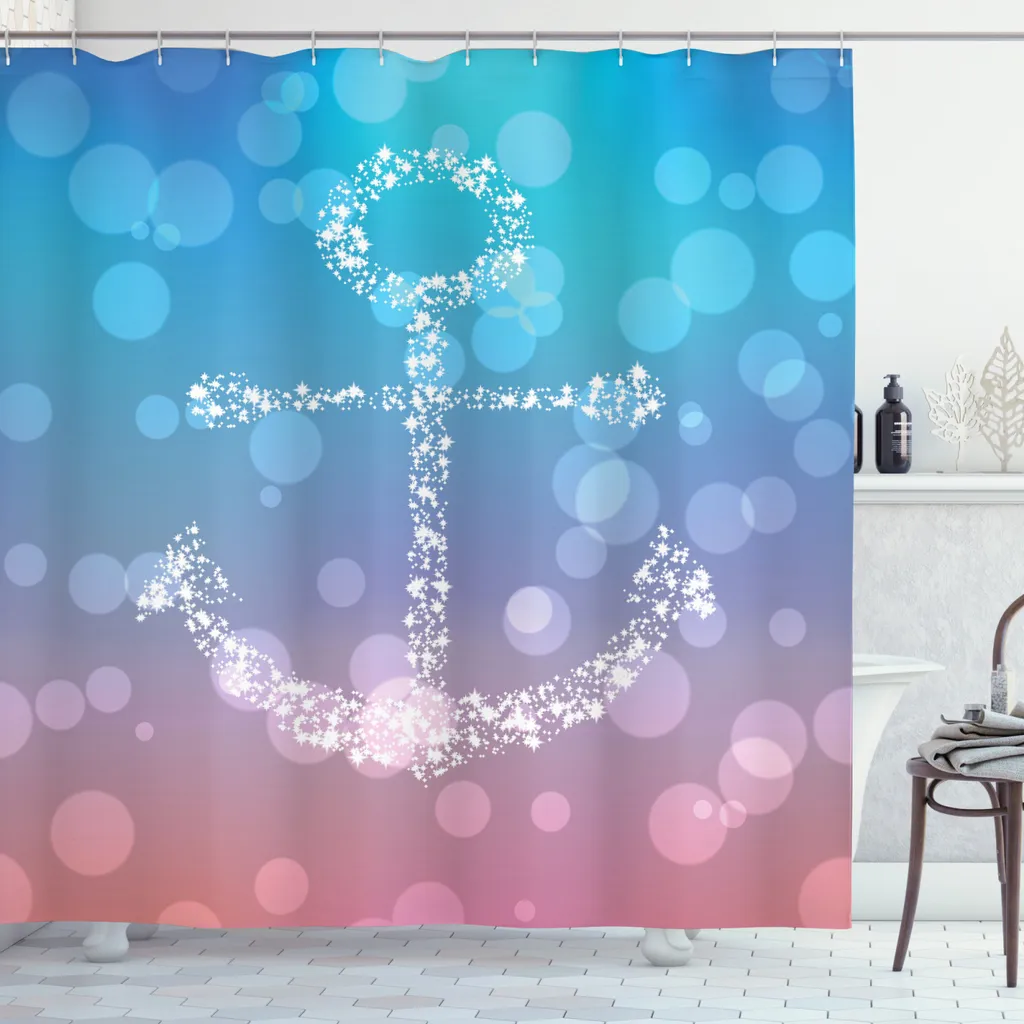 Tenda Da Doccia ABAKUHAUS Con Ganci - Motivo Àncora E Linee, Beige Multicolor, 175x240 Cm, Lavabile