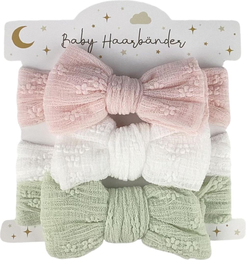 Baby Haarband 3 Stück, Stirnband Kleinkinder mit Schleife, 3er Set Haaraccessoires Mädchen, Weiß Rosa Mint