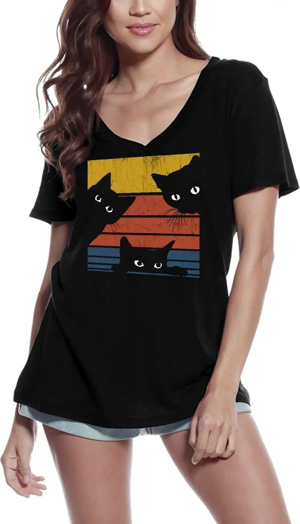 Damen Grafik T-Shirt V-Ausschnitt Retro Sonnenuntergang schwarze Katzen Katze – Retro Sunset Black Cats Cat – Öko-Verantwortlich Vintage Jahrgang