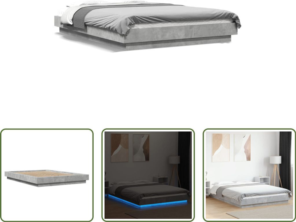 The Living Store Bettgestell mit LED Betongrau 120x200 cm Holzwerkstoff