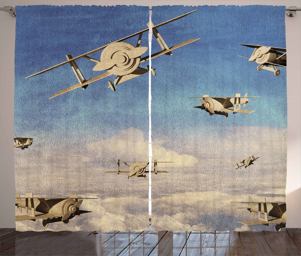 ABAKUHAUS Flugzeug Rustikaler Gardine, 3D Retro Biplanes, Schlafzimmer Kräuselband Vorhang mit Schlaufen und Haken, 280 x 245 cm, Blau Tan und Creme