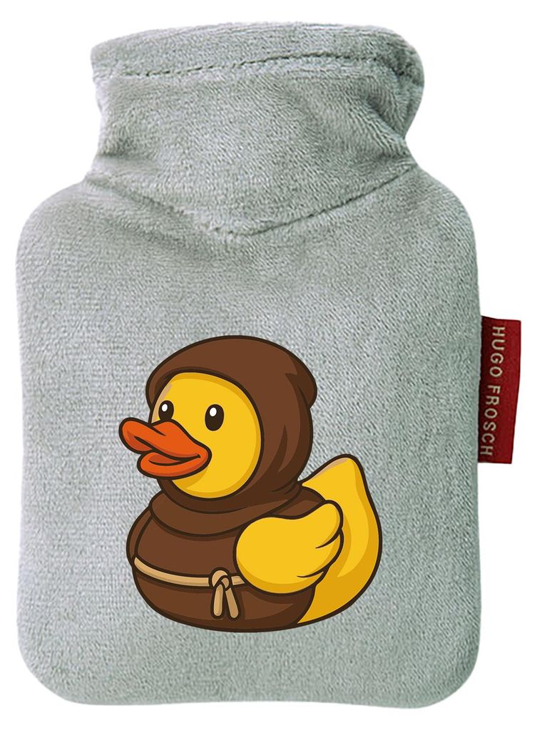 Huuraa Mini-Wärmflasche Quietscheente Mönch Gummiente Kloster 0,2 Liter Grey Mini Veloursbezug Taschenwärmer Geschenkidee