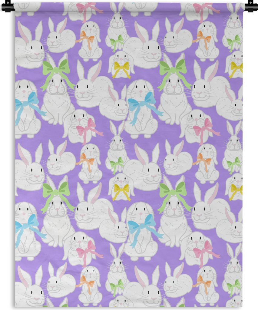 MuchoWow Wandteppich Wandbehang Muster - Kaninchen - Lila - Frühling 120x160 cm Tapisserie Dekoration Wandtuch - Wohnzimmer - Moderne