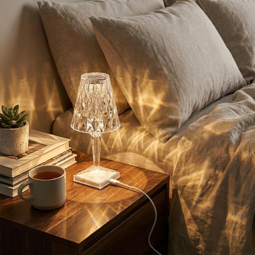 A bedside table with a lamp, books, and a mug of tea.