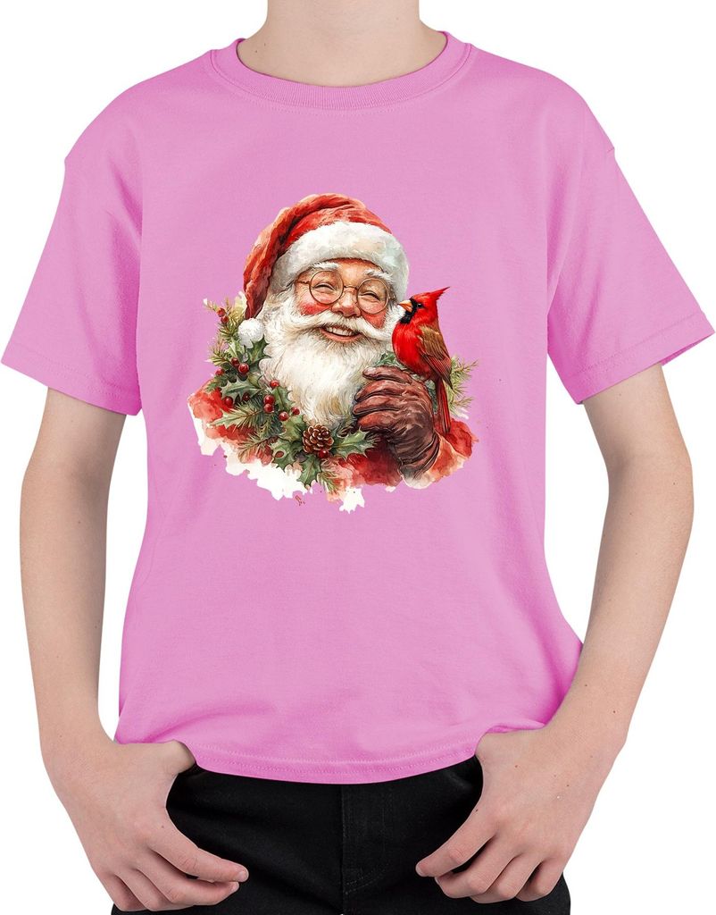 Weihnachtsmann Kardinal Vogel Stechpalme Kiefernzapfen Aquarell Uni Kinder T-Shirt, Pink, 116