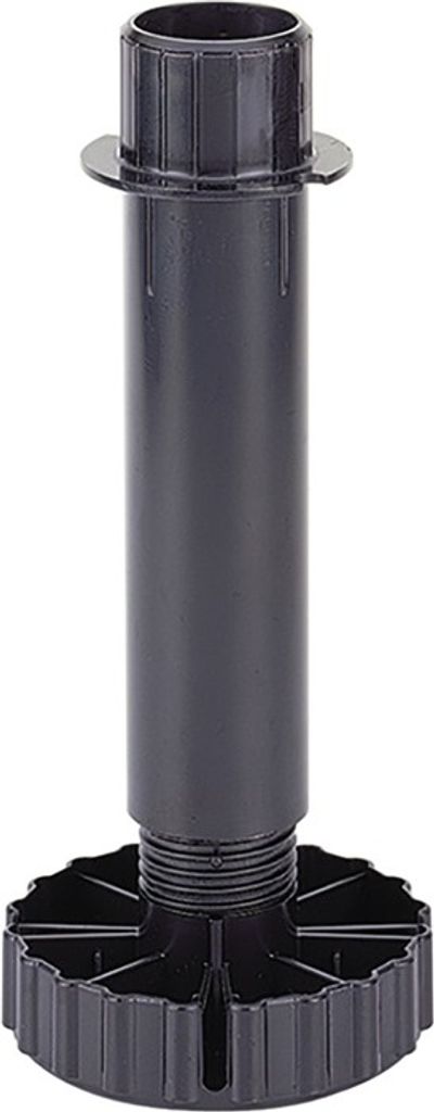 A black adjustable furniture leg with a hexagonal base.
