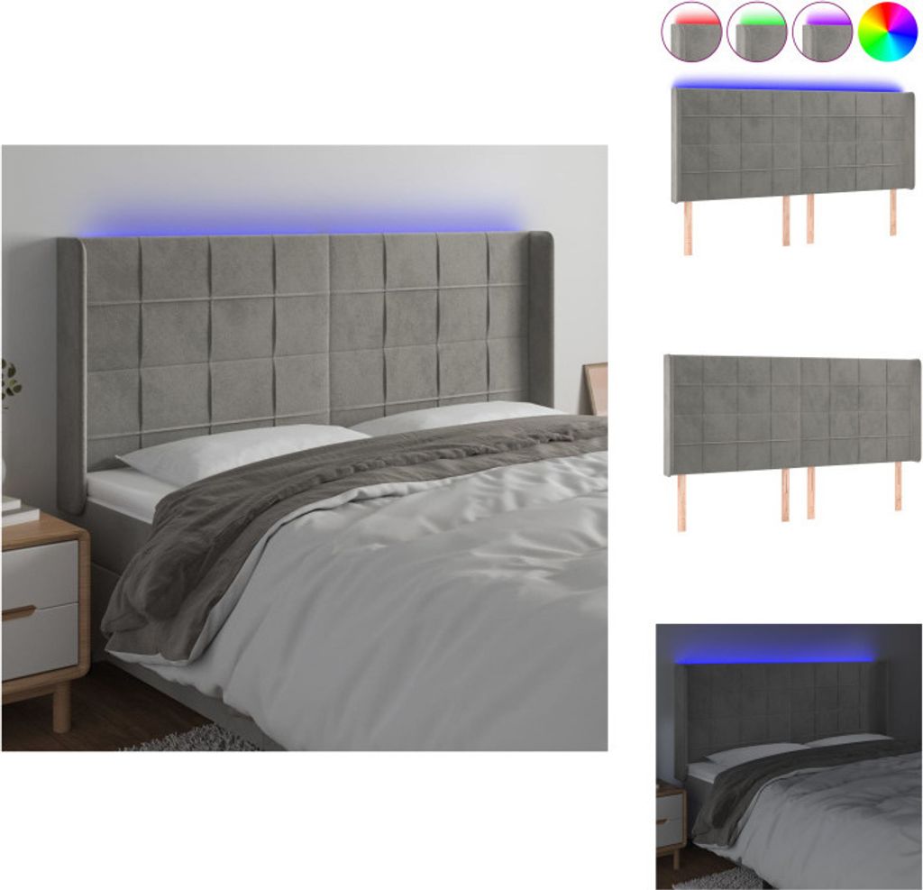 vidaXL LED Kopfteil Hellgrau 183x16x118/128 cm Samt - Kopf- & Fußenden
