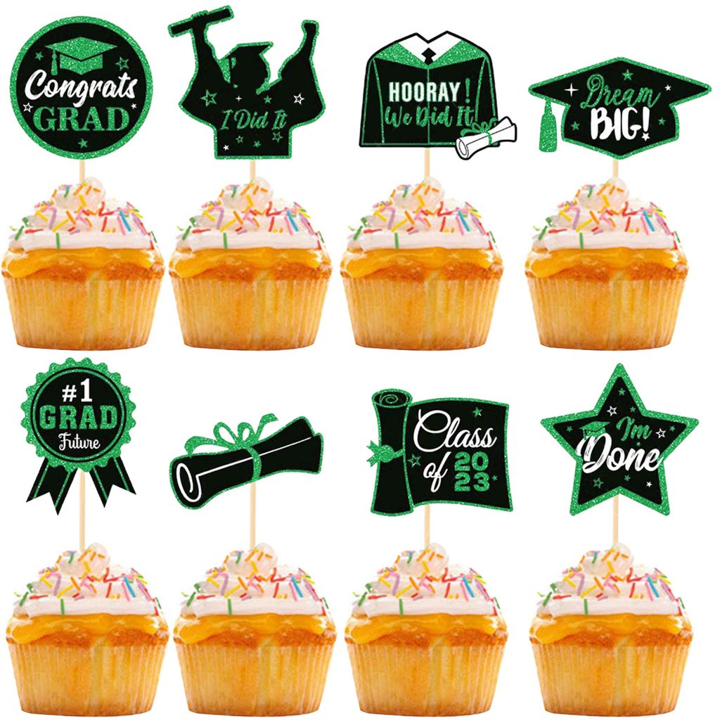 1 Set Cupcake Topper mit Bambusstangen Glitzer Hat Diploma Gown Star 2023 Abschlussfeier Kuchendekoration Pick Cake Supplies-Grün