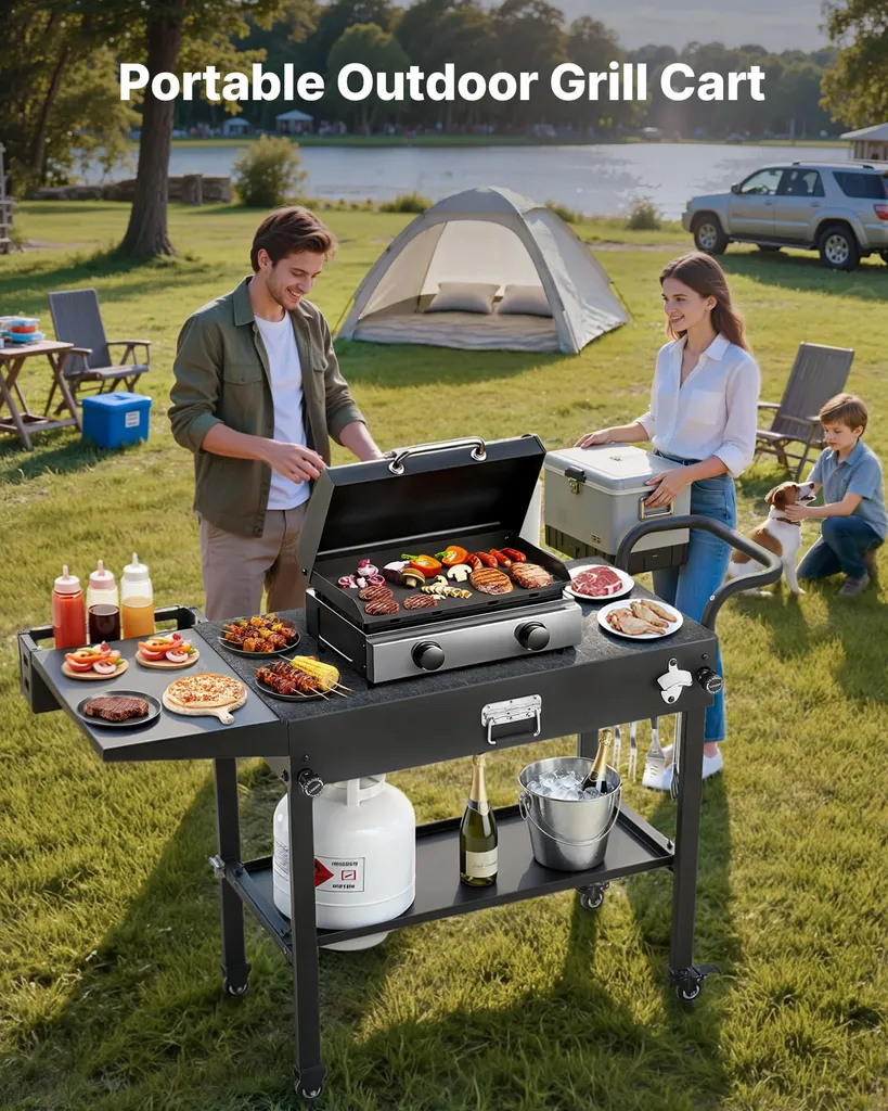 Table de barbecue extérieure pliable avec roulettes et table d'appoint - 2