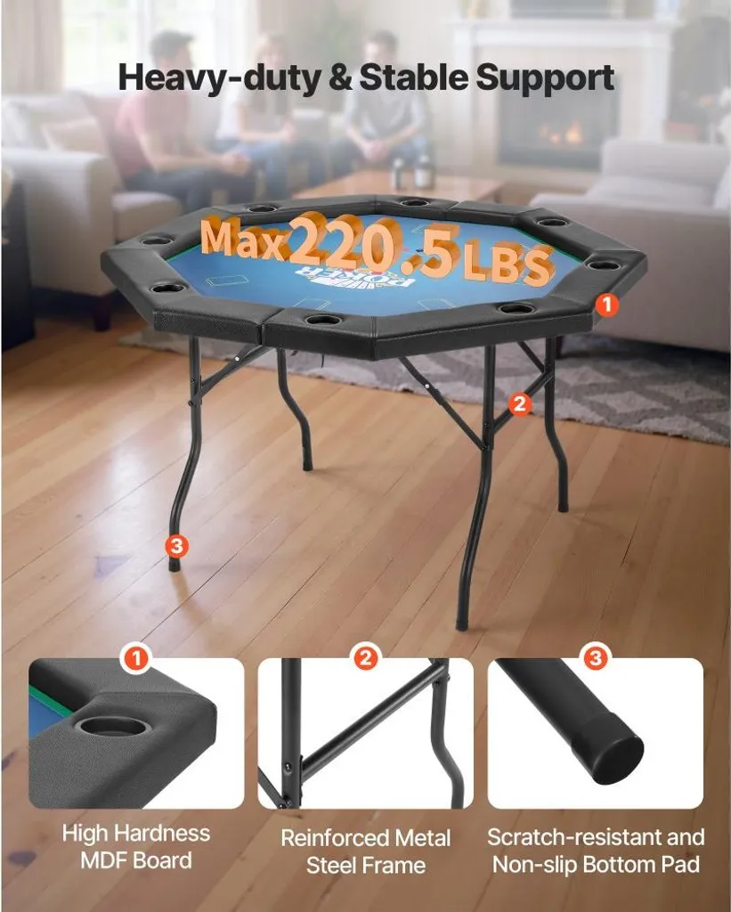 Table de poker pliable 1325mm portable - Revêtement feutrine 8 joueurs
