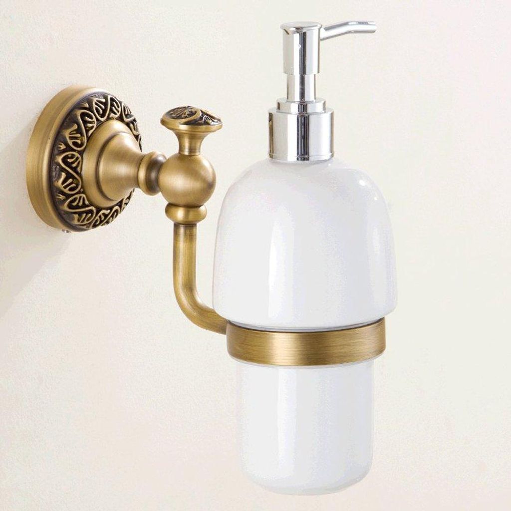 Antiker Seifenspender, Retro-Spülmittelspender aus Messing, Pumpspender mit Keramikflasche, Wandmontage