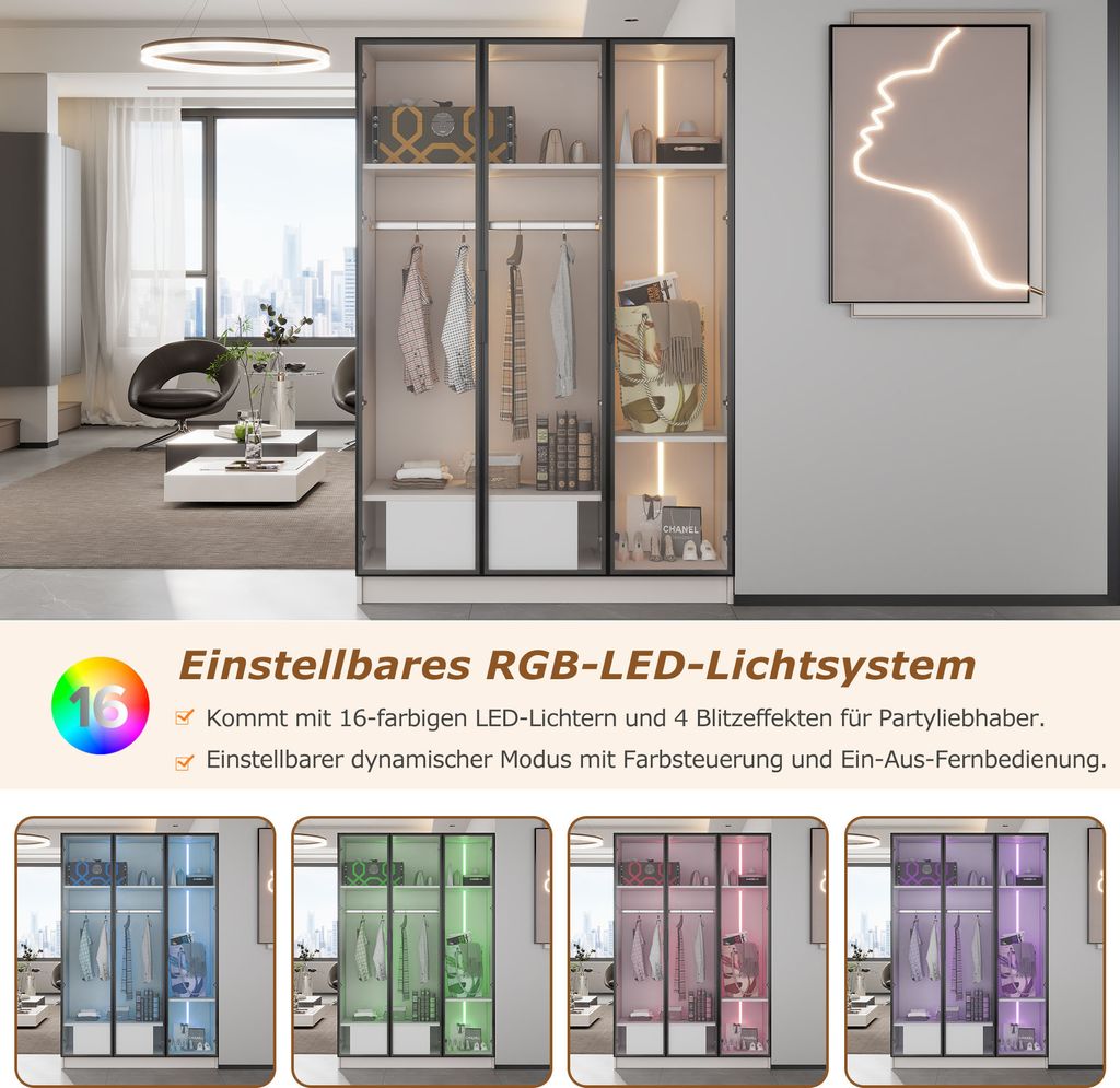 okwish Kleiderschrank mit 3 Glastüren, 1 Schublade und 1 Produktbild 3