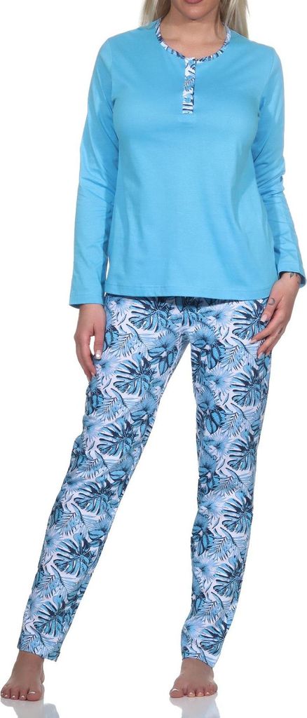 Wunderbarer Damen Pyjama Schlafanzug mit Hose in floralem Print - auch in Übergrössen ; blau , 60