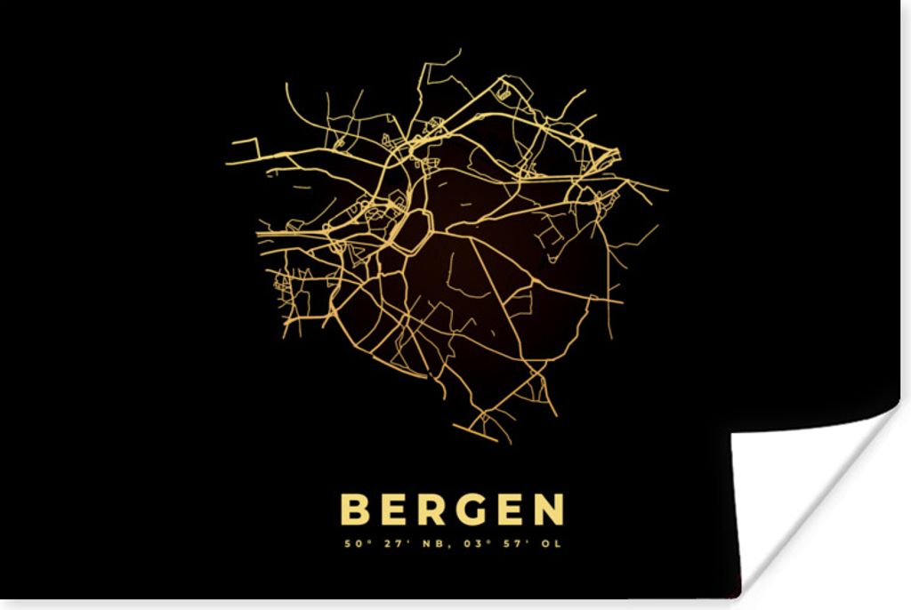 MuchoWow Poster Mons - Karte - Gold - Belgien - Stadtplan - Karte 30x20 cm - Plakate - Print