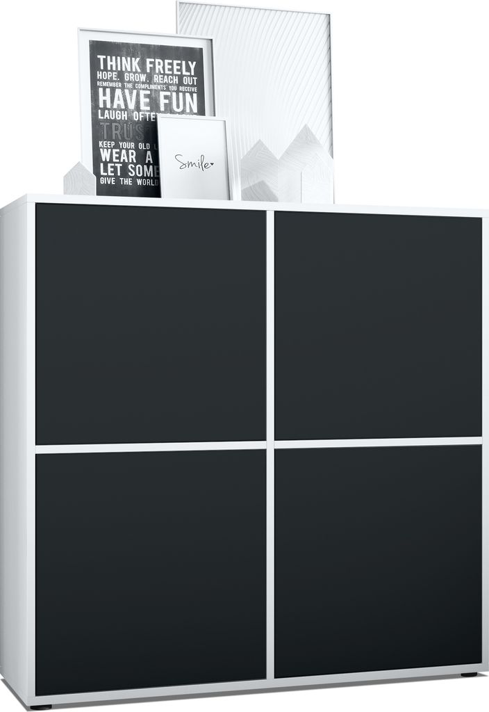 Vladon Highboard Cuba V2 Schrank 104 x 105,5 x 35,5 cm Sideboard mit 8 Fächern, Germany, Korpus in Weiß matt / Fronten in Schwarz matt