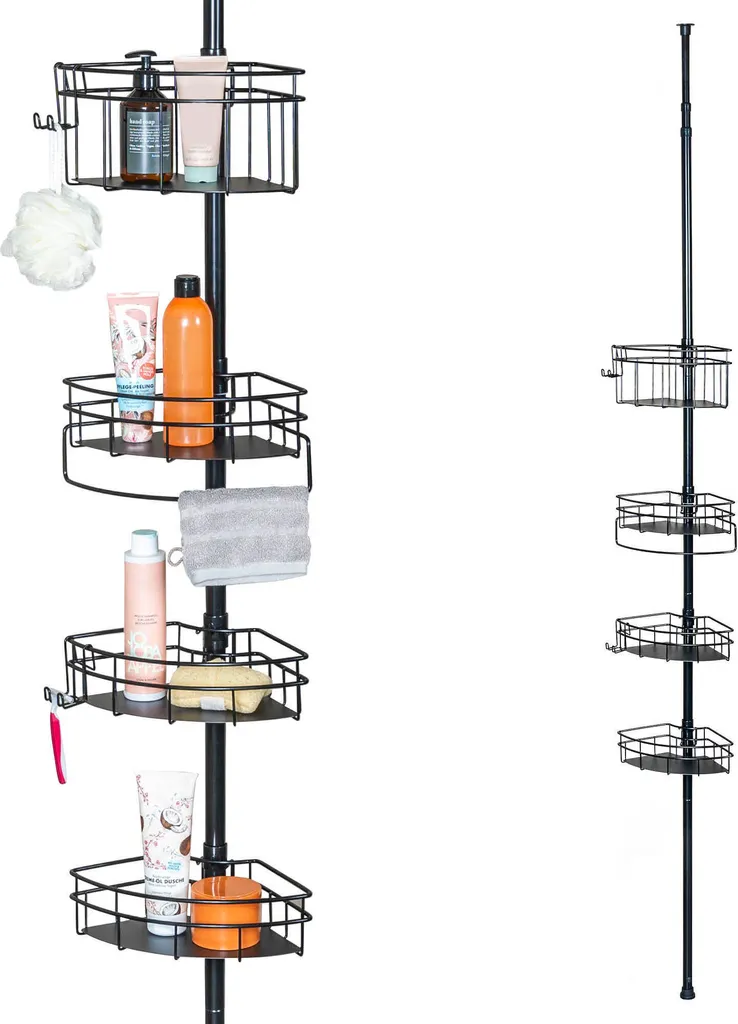Rangement de douche télescopique pour angle, étagère noire sans perçage