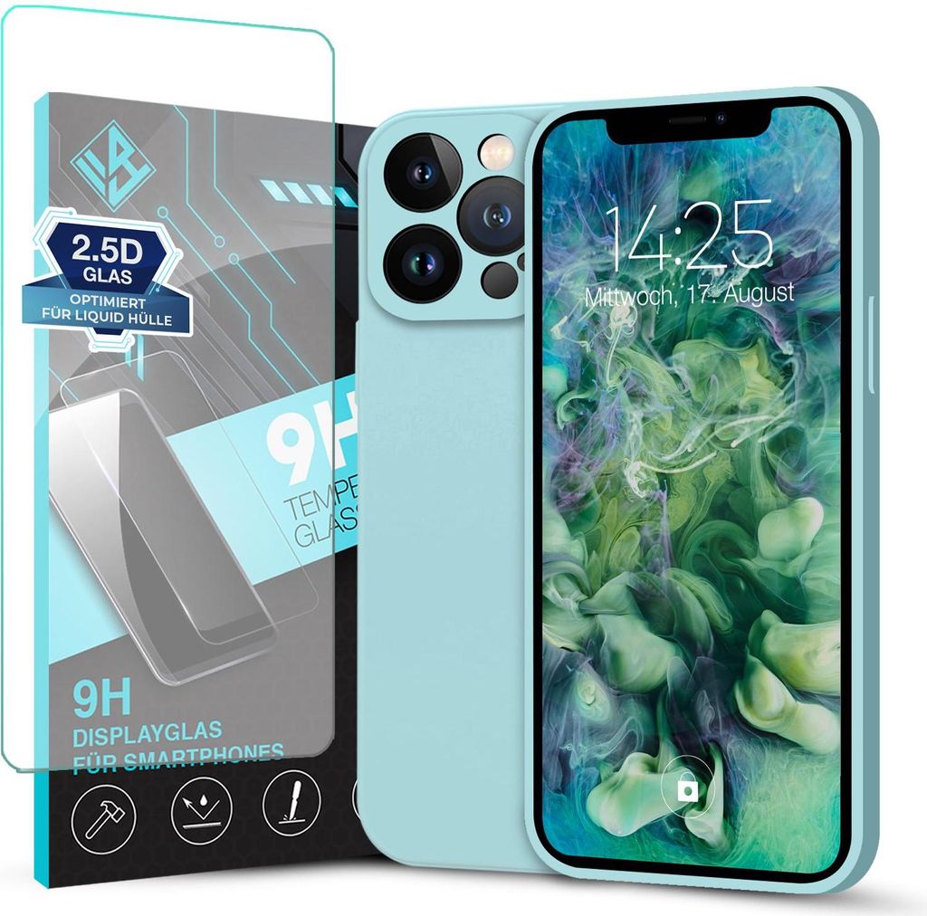 Hülle für Apple iPhone 13 Pro mit 9H Displayglas Displayschutz Plus Case Cover Bumper Silikon Softgrip Schutzhülle Farbe: Hellblau