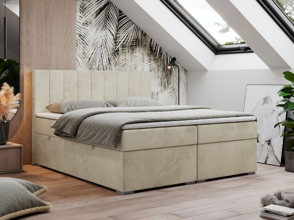 Boxspringbett 120x200, Bett 120x200 mit Matratze und Topper, Boxspringbett mit Bettkästen, Doppelbett - LOPE - 120x200 - Beige - Velvet - H3