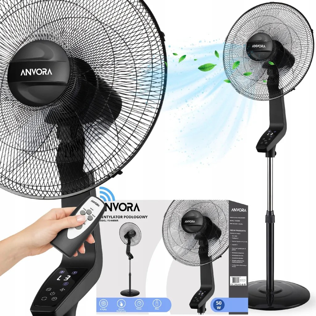Grand ventilateur sur pied silencieux 50 W noir pour salon avec minuterie