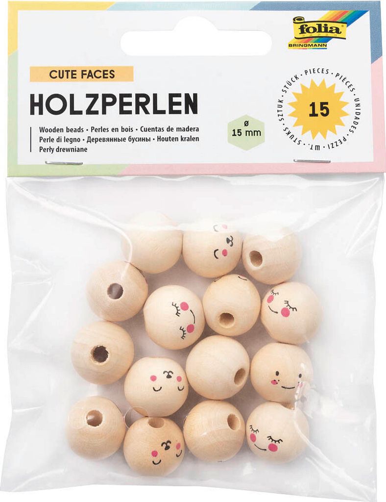 folia Holzperlen CUTE FACES rund 15 Stück Produktbild 