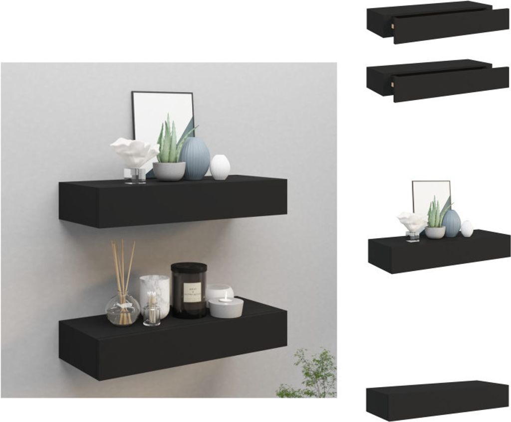 Two black floating shelves mounted on a light gray wall, decorated with various items.