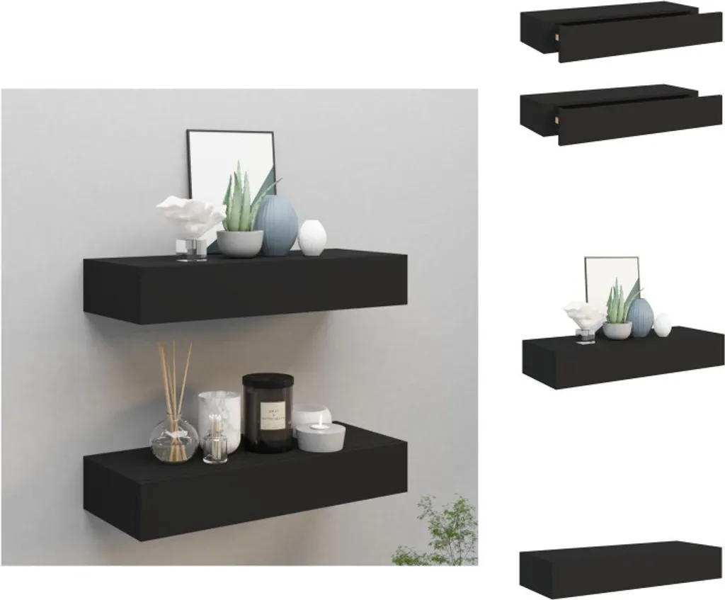 Étagères murales design avec tiroir de rangement Noir MDF 60 cm (x2)
