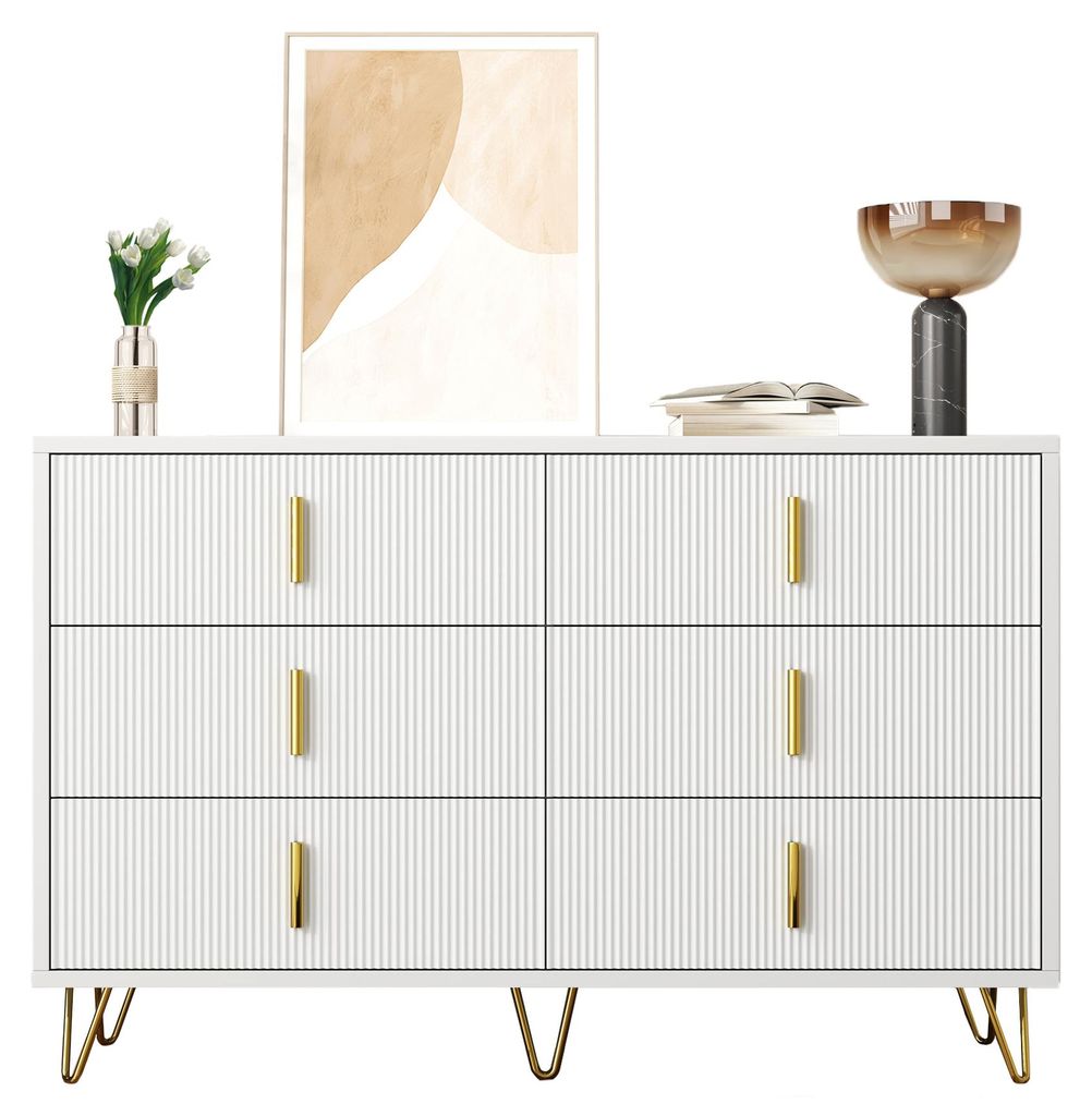 Sideboard - 120x77x40 cm Creme-Weiß - 6 Schubladen & wellenförmiges Design - goldene Beine & Griffe