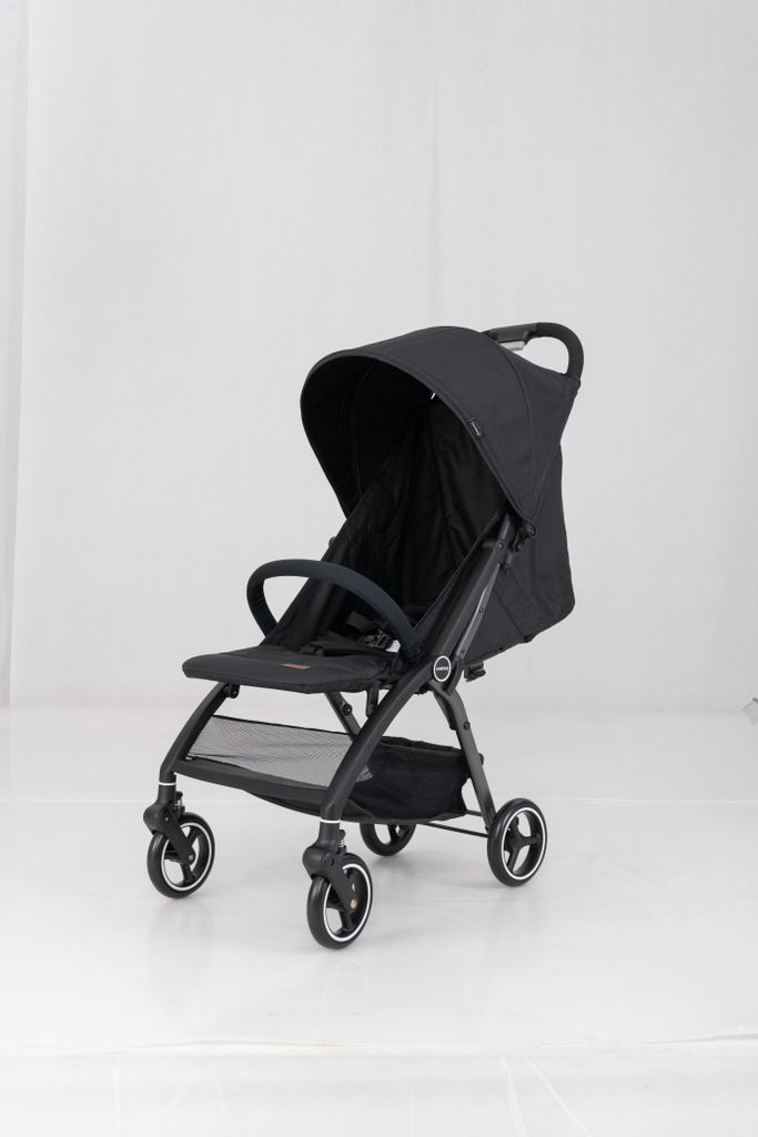 A black stroller is shown against a white background.