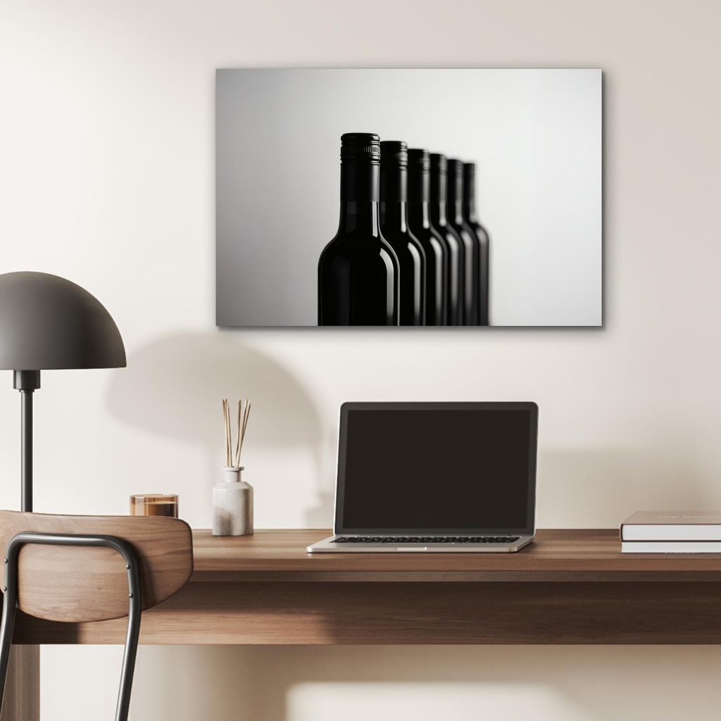 MuchoWow Wanddekoration Metall Metallbild Wandkunst 60x40 cm Weinflaschen - Schwarz - Minimalistisch MuchoWow Aluminium Gemälde - Gemälder