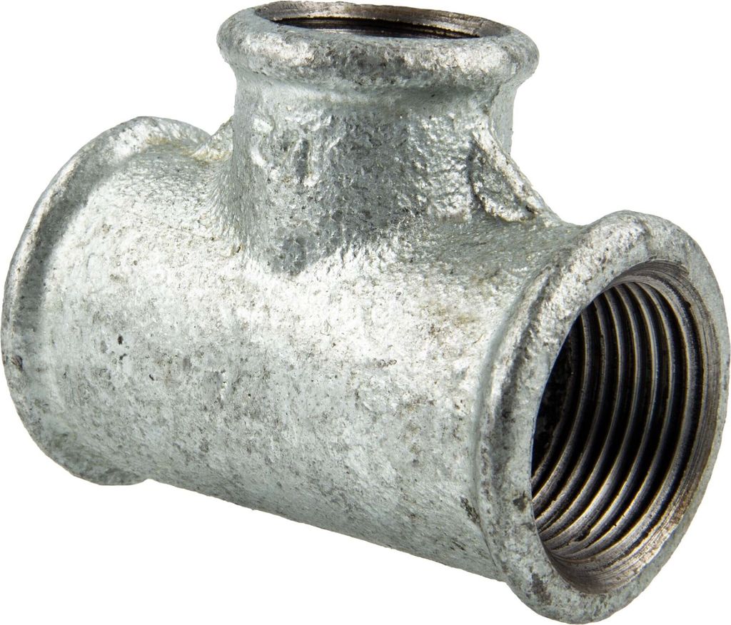 Temperguss-Gewindefitting verzinkt T-Stück reduziert, allseitig IG 1 1/4 x 1 x 1 1/4 Zoll, Typ 130, DVGW