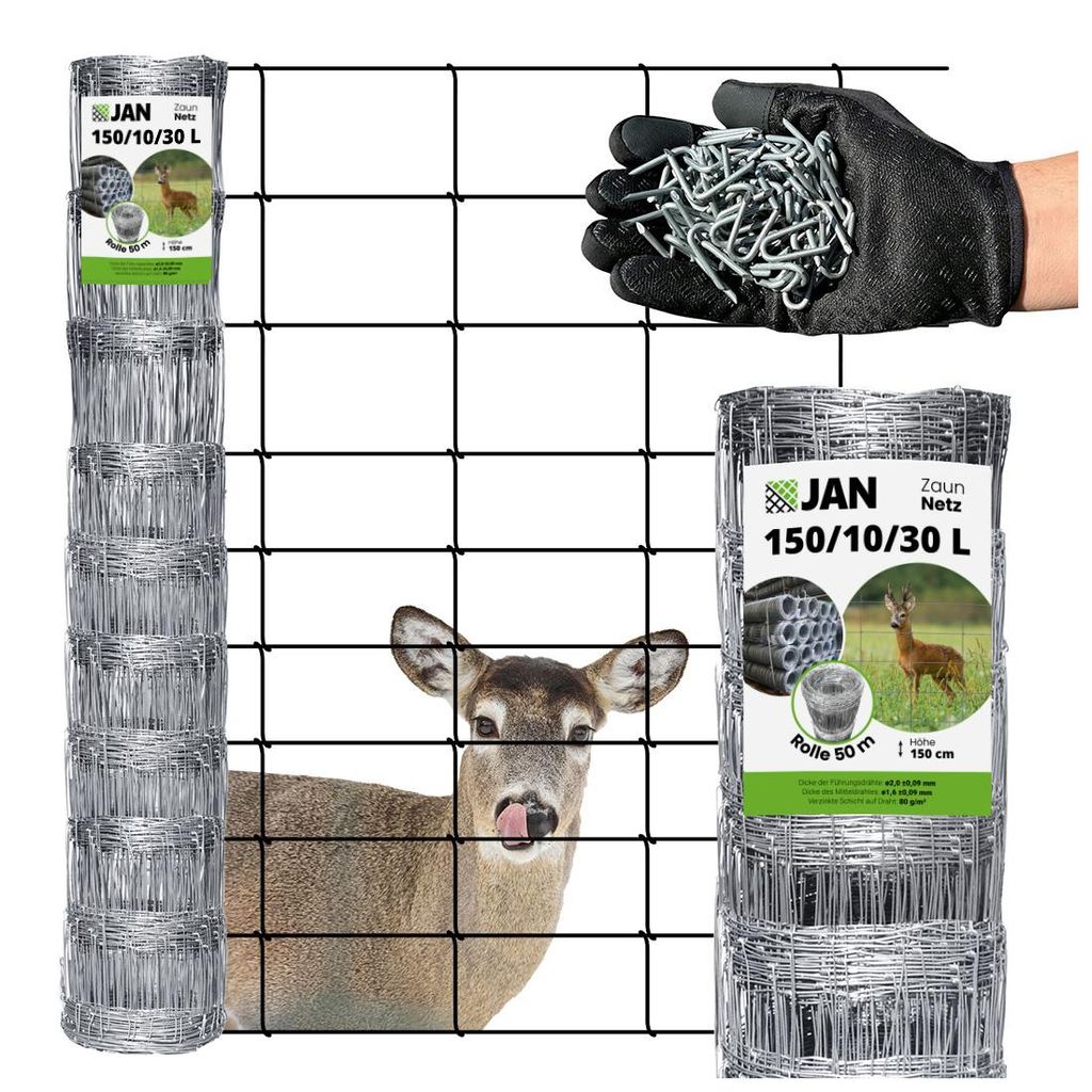 A roll of wire fencing is shown next to a deer behind the fence, with a hand holding fasteners in the upper right corner.