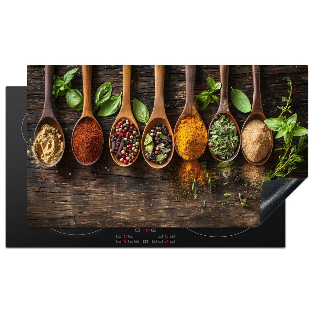 KitchenYeah Herdabdeckplatte Löffel - Kräuter - Gewürze - Holz , 91x52cm, Küche Deko, Glaskeramikkochfeld Herdabdeckung, Abdeckplatte fùr Ko...