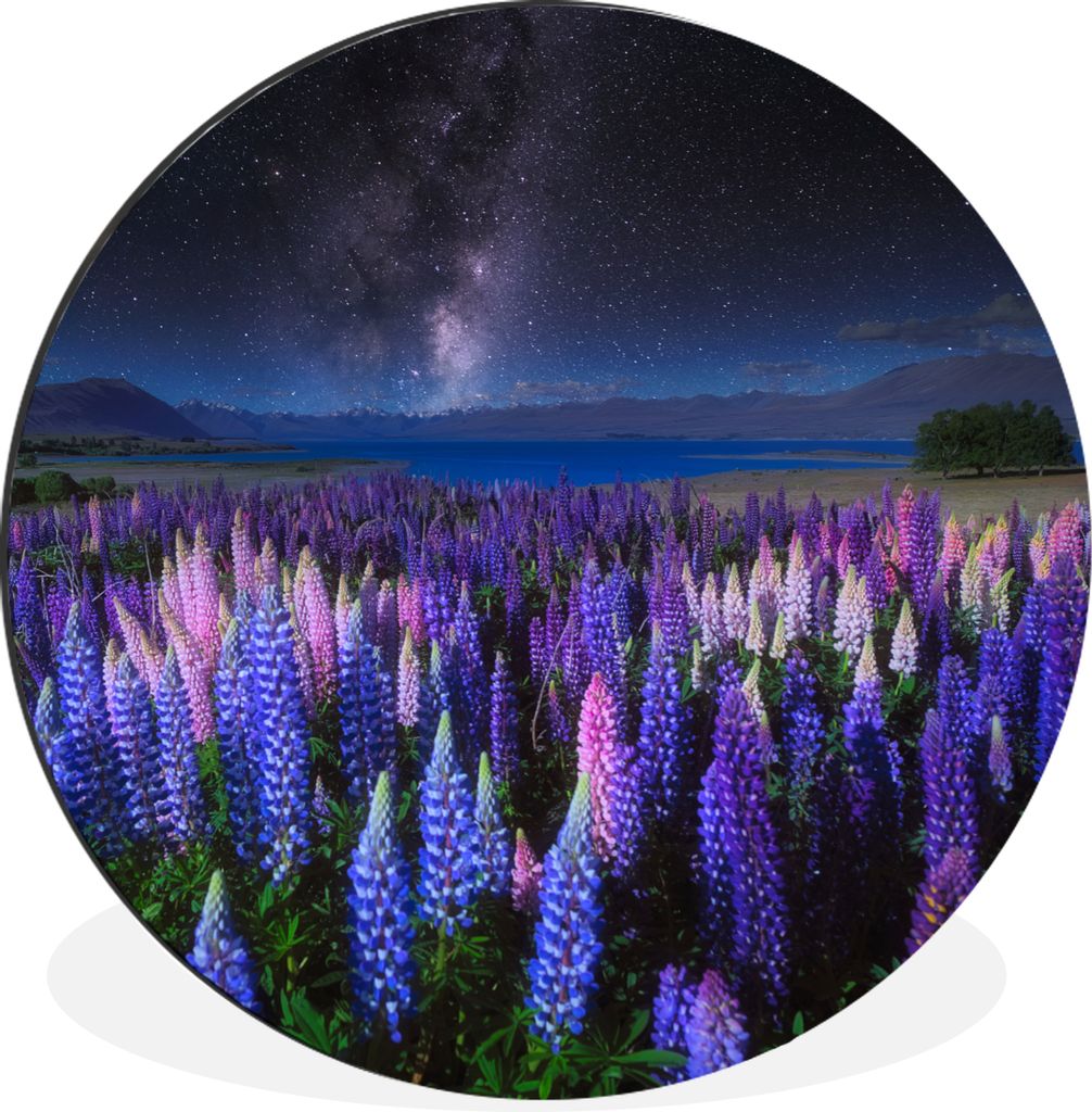 MuchoWow Aluminium Wandkreis Blumen - Nacht - Lupine - Sternenhimmel - Lila - Natur Ø 30 cm Wanddeko Modern Wohnzimmer - Wand Bild - Wohnzimmer ...
