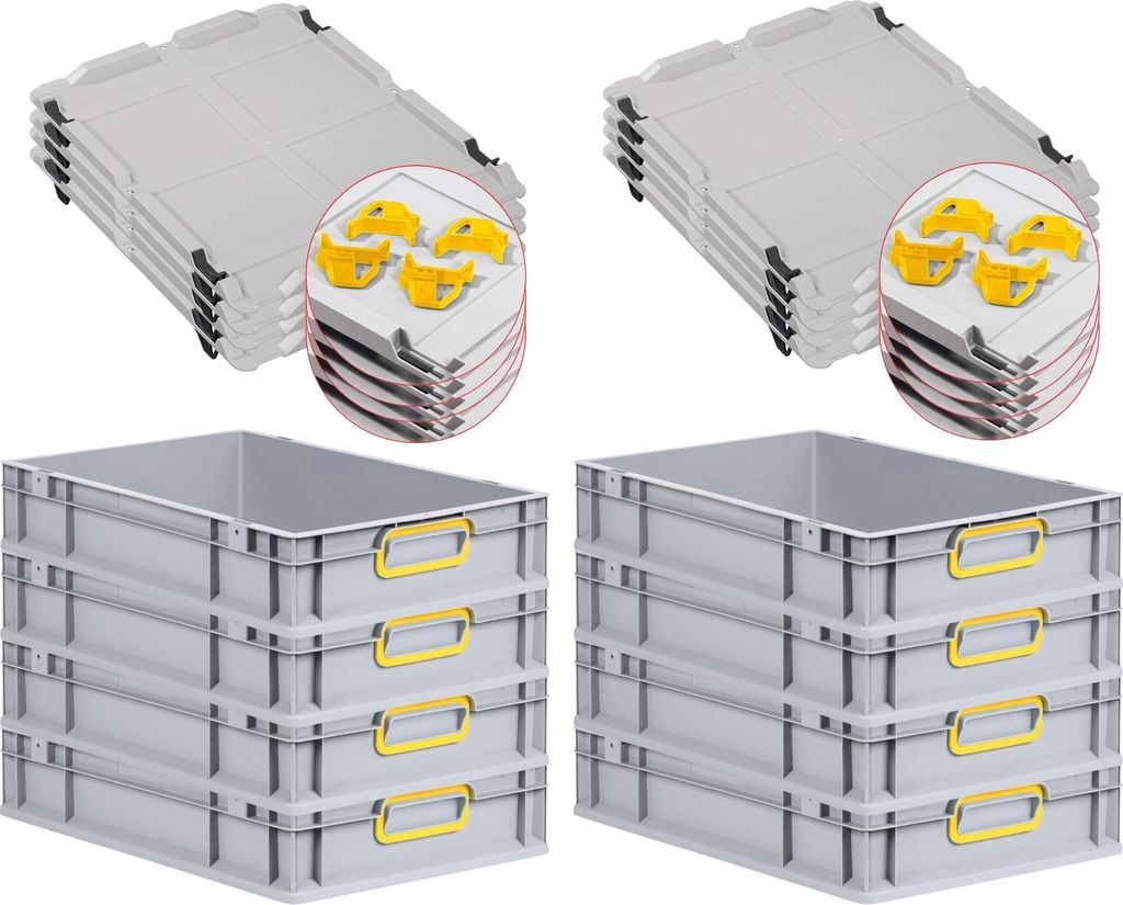 SuperSparSet 8x Eurobox NextGen Color mit Auflagedeckel und Schiebeschnappverschlüsse | HxBxT 12x40x60cm | 23 Liter | Griffe gelb geschlossen | Gl...
