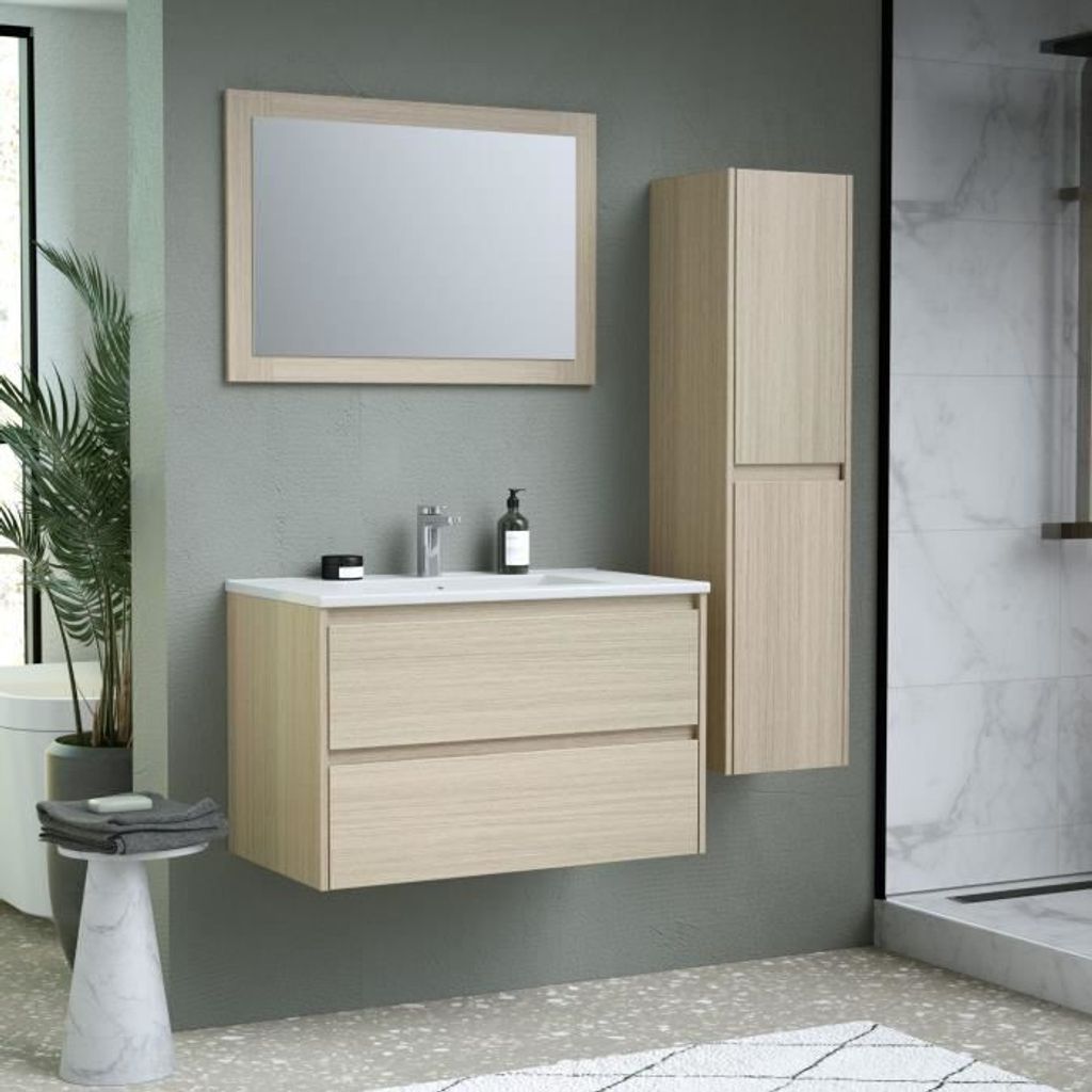 Badezimmermöbel Set, 80 cm, Beige, mit Spiegel und Hochschrank, Waschbeckenunterschrank mit 2 Schubladen, Soft-Close