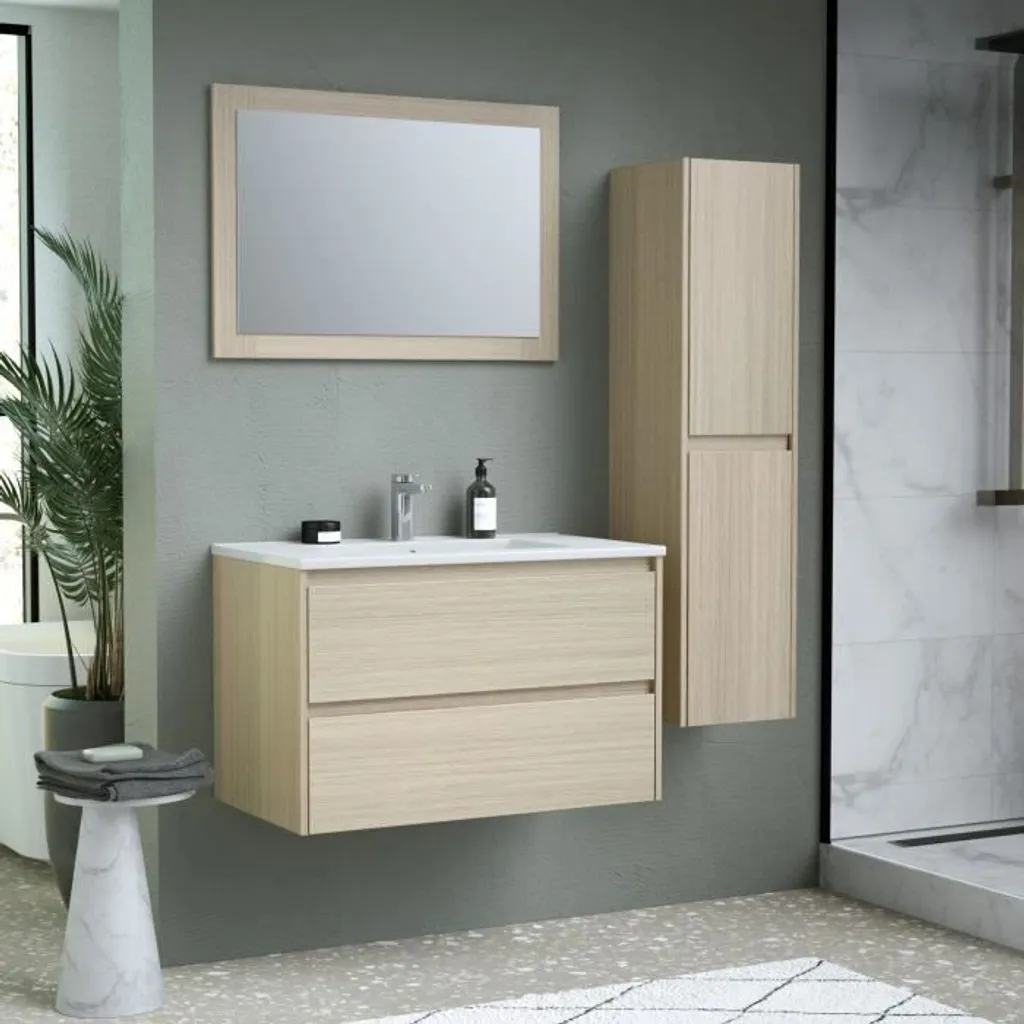 Meuble de salle de bain 80 cm complet avec vasque miroir et colonne haute