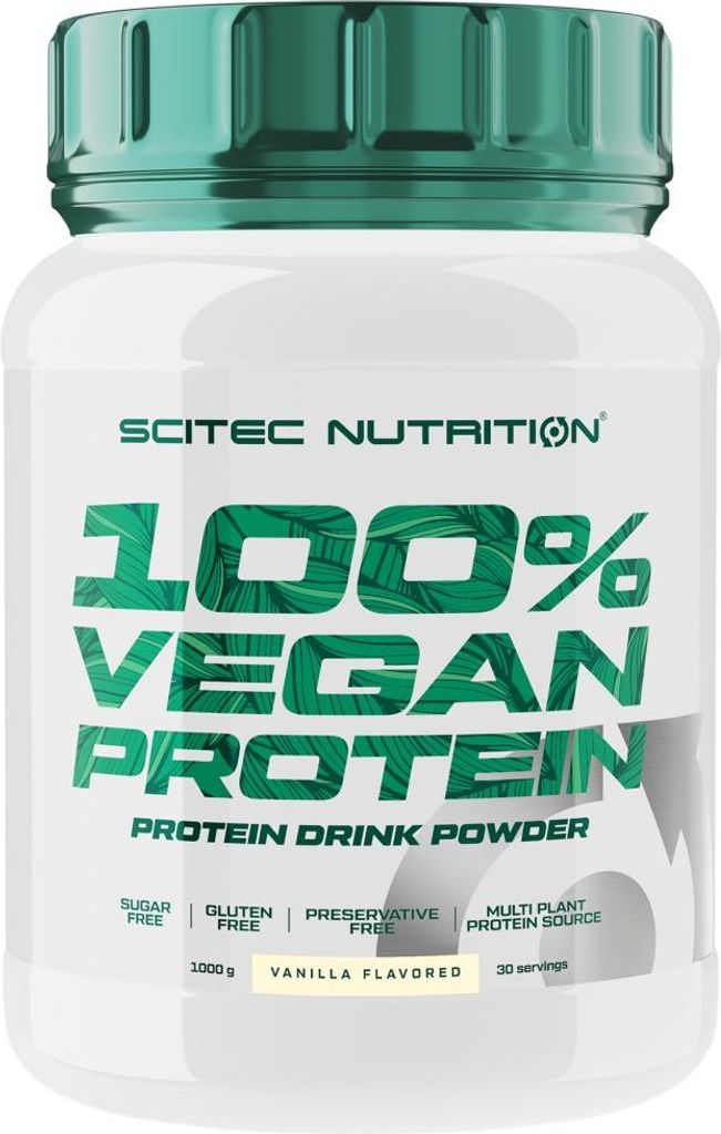A white plastic container of SCITEC Nutrition 100% Vegan Protein powder with green text and a teal lid.