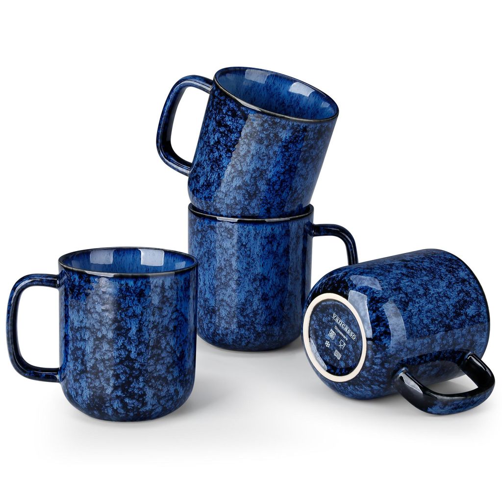 VANCASSO Becher Set, 4-tlg Steingut Tassen, 420ml Trinkbecher, Kaffeebecher mit Henkel, Blau