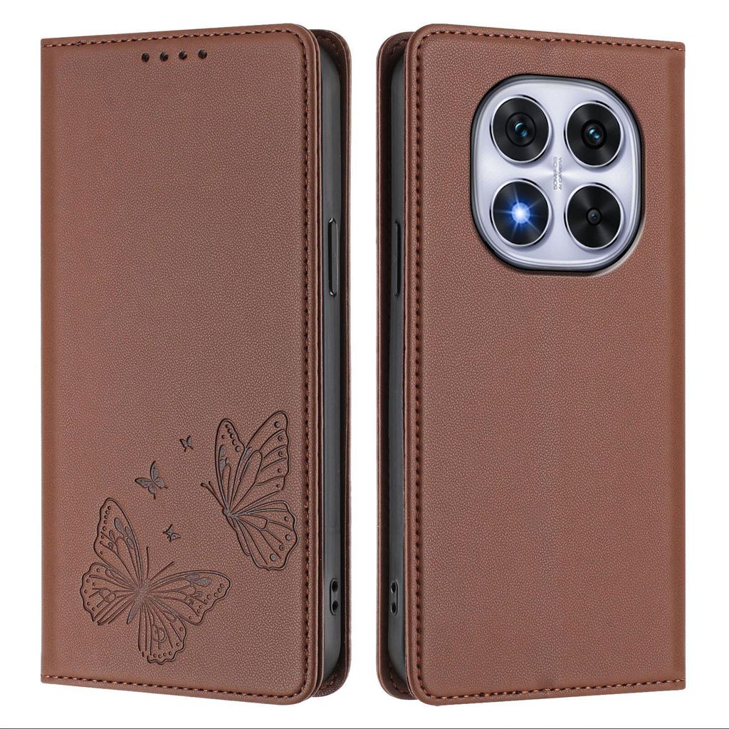 Lederhülle für Xiaomi Redmi Note 14 Pro 4G, Schmetterling Prägung Leder Brieftasche Schutzhülle mit Ständer Braun