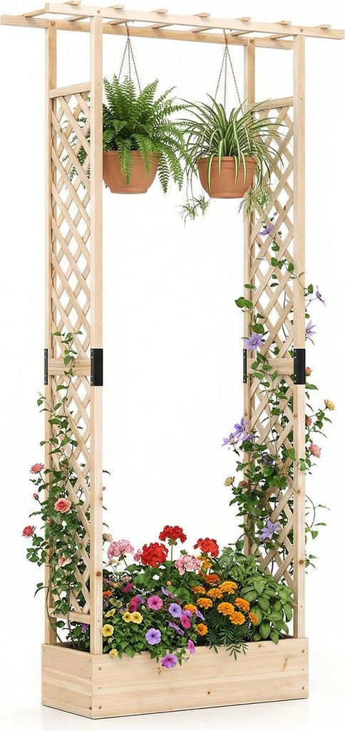 COSTWAY Blumenkasten, Pflanzkasten mit Rankgitter, Rankhilfe&hängendem Dach, Hochbeet für Kletterpflanzen,Sichtschutz Pflanzkübel 110x35x227 cm,...