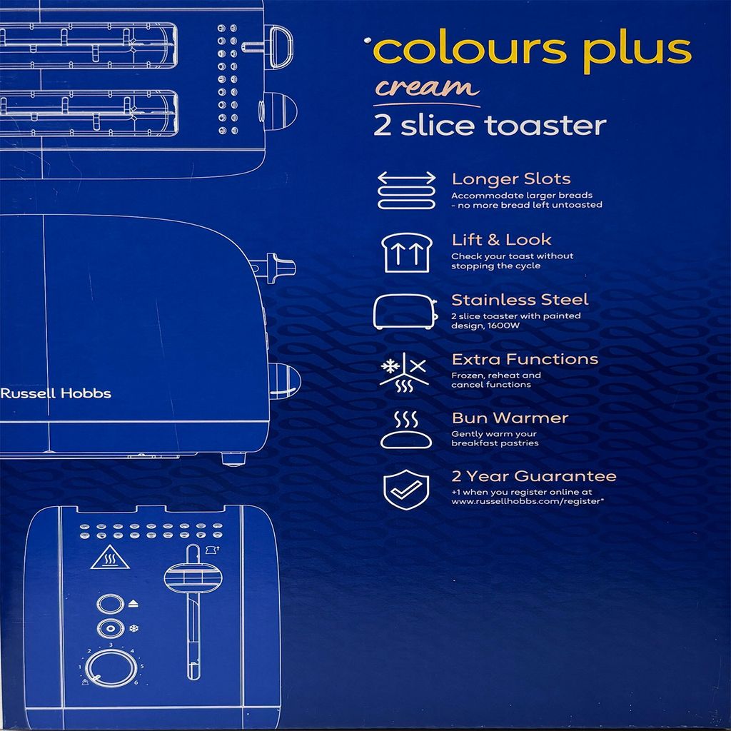 A diagram and feature list for a Russell Hobbs toaster.