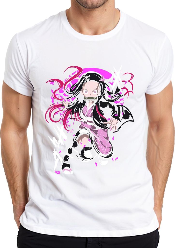 Nezuko Kamado Anime Dämon Kampfpose Bambus Beißschutz rosa Manga Herren T-Shirt, Weiß, XXL
