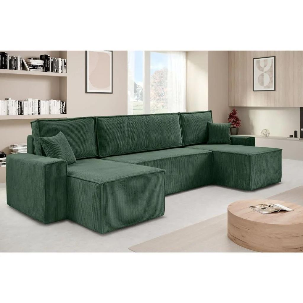 Ecksofa HEKTOR U-Form mit Schlaffunktion und Bettkasten, Couch in Dunkelgrün, Ottomane 70 cm