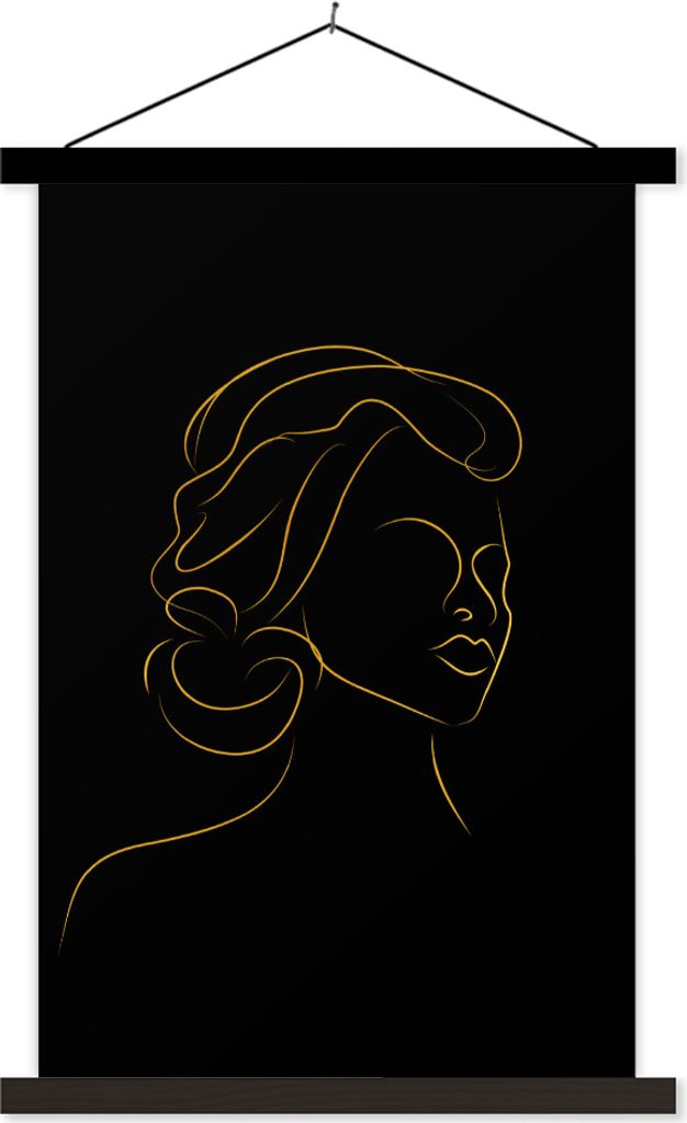 MuchoWow Textilposter Frau - Schwarz - Gold - Strichzeichnung 60x90 cm mit schwarzem Rahmen - Poster Wohnzimmer