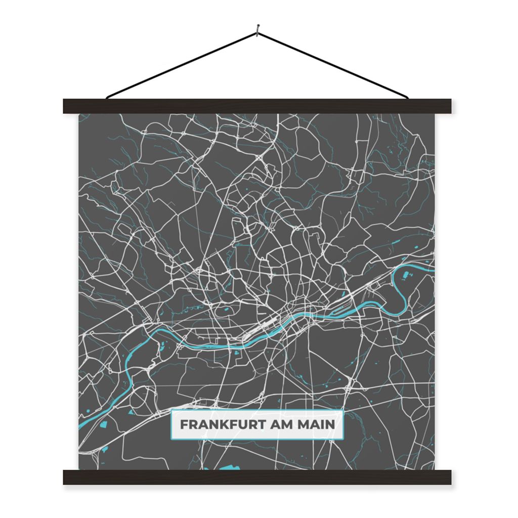 MuchoWow Textilposter Karte - Stadtplan - Frankfurt am Main - Deutschland - Blau 120x120 cm mit schwarzem Rahmen - Aufhängungsset