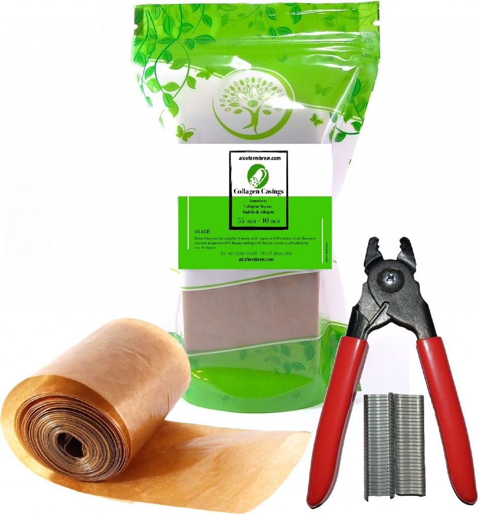 Kunstdarm 55mm / 10mts + Wurstclipper + 60 clips - Wursthülle, Kollagenhülle für Wurst