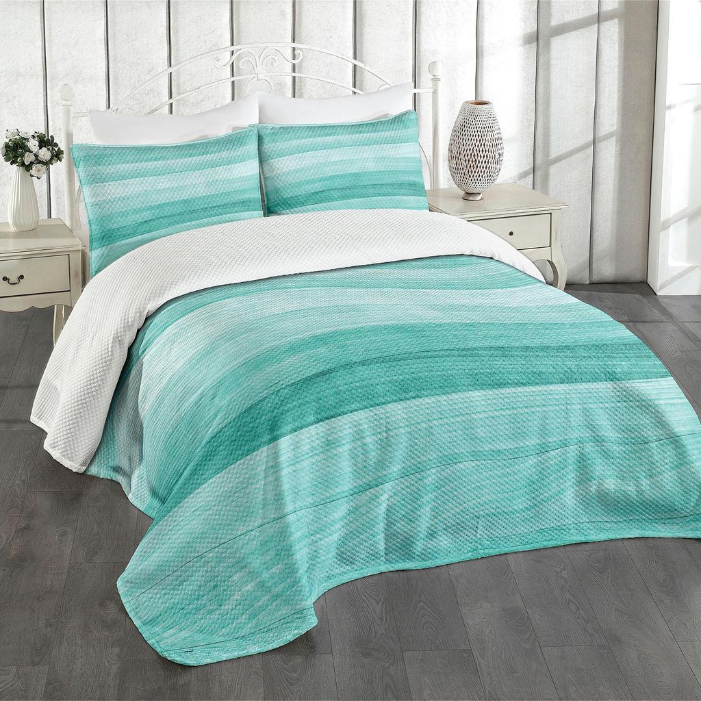 ABAKUHAUS Teal Tagesdecke Set, Painted Wood Board mit horizontalen Linien Geburtstag Ostern Print Backdrop Image, 220 x 220 cm, Türkis