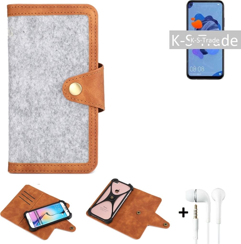 K-S-Trade Handyhülle + Kopfhörer kompatibel mit Xiaomi Black Shark 2 Schutzhülle Filz Hülle Kunstleder hellgrau braun (1x)