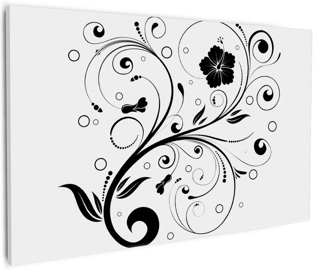 Wallario Premium Leinwandbild Schnörkelmuster in schwarz weiß mit Blumen und Kreisen in Größe 60 x 90 cm